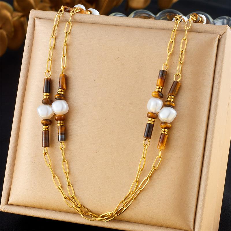 Gold Plated Vintage Tiger's Eye Beaded Pendant Necklace