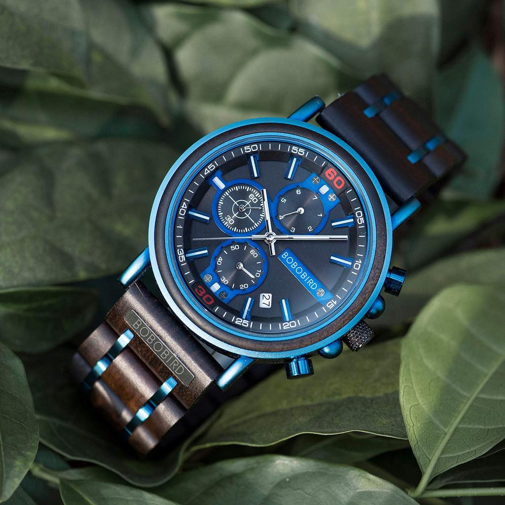 BOBO BIRD S18-6 Men's Wooden Watch, Japanese Quartz Chronograph, Luminous, Wooden Gift Box, Blue