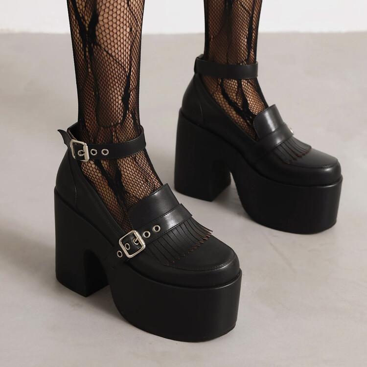 FOREADA Women Pu Leather Pumps Super High Hoof Heels Round Toe Ankle Strap Buckle Party Punk Style Spring Autumn Shoes White