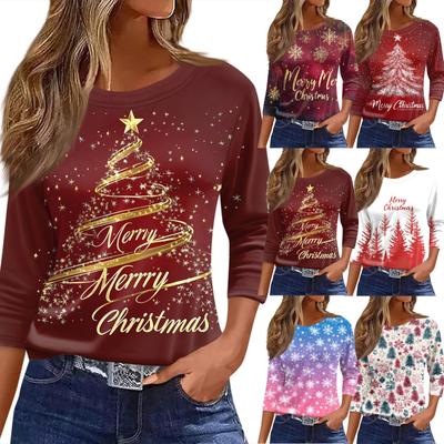 Damen T-Shirt mit Weihnachtsdruck, 3/4-Ärmel, für den Alltag, Wochenendmode, Basic, Rundhalsausschnitt, normales Oberteil