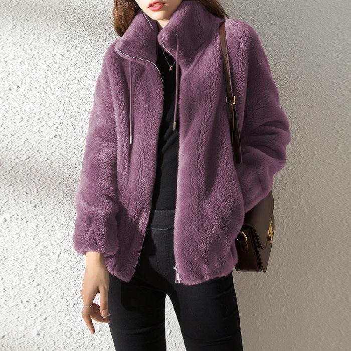 Short coral fleece jacket women's new casual versatile solid color stand-up collar trendy clothes