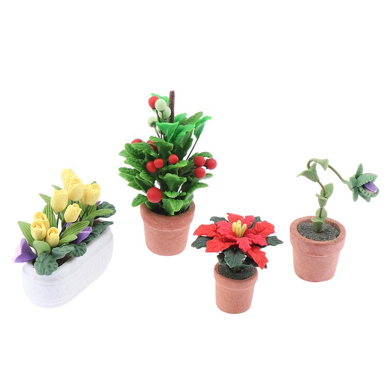 1:12 Dollhouse Miniature Potted Plants Tulip Flower Pot Fortune Fruit Bonsai Model Garden Home Decor Toy Doll House Accessories