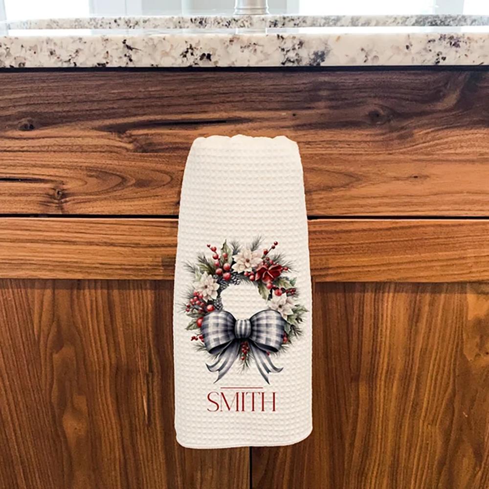 Custom Family Name Christmas Wreath Waffle Tea Towel Kitchen Hand Towel Housewarming Hostess Gift Christmas Winter Home Decor