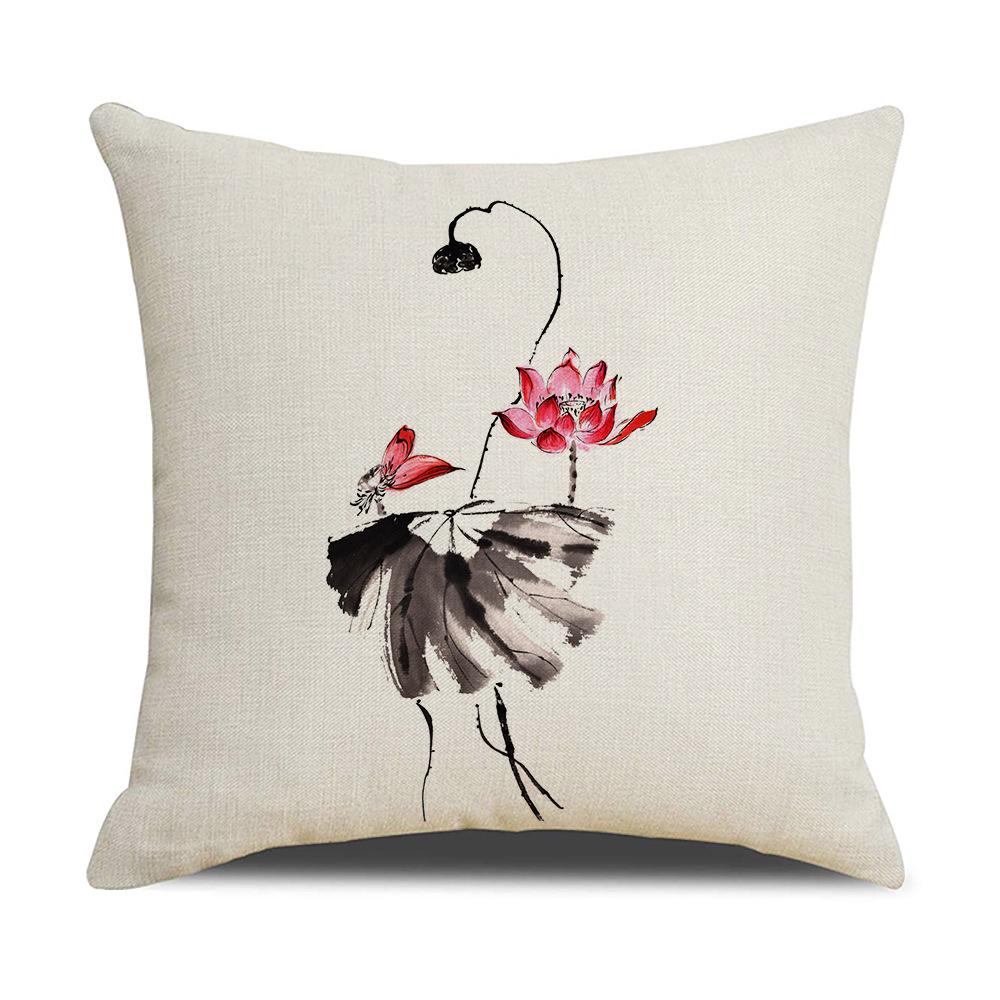 Chinese Style Series Ink Flower and Grass Print Pillow Linen Print New Chinese Style Home Sofa Pillow Living Room Bedroom