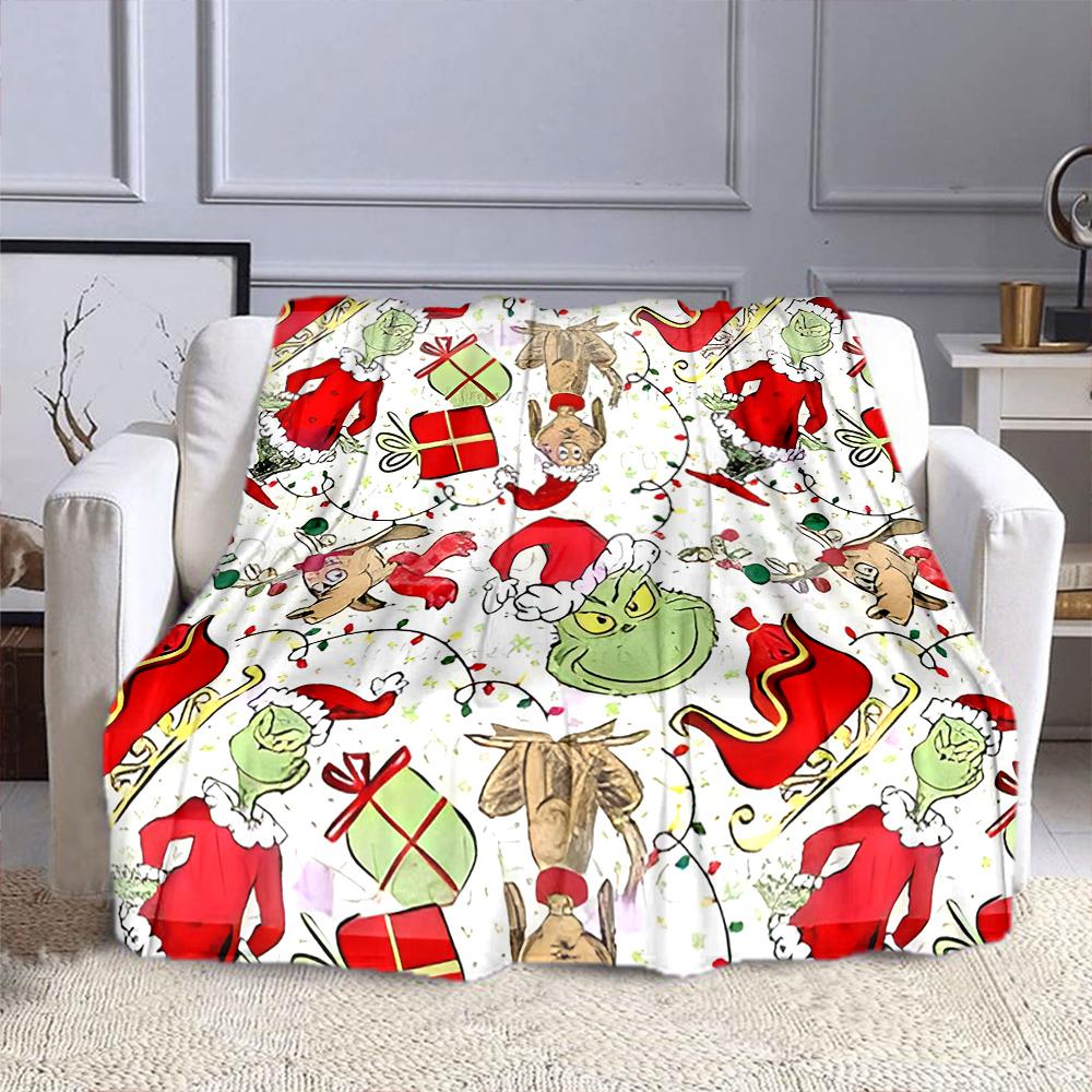 Christmas Grinch and Reindeer Pattern Patterned flannel blanket perfect for the bedroom living room, sofa, or a little nap