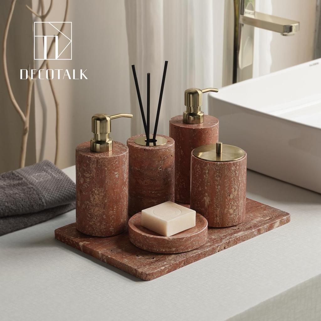DecoTalk Wabi-sabi Red Travertine Bathroom Washbasin Set with Aromatherapy Tissue Box Tray