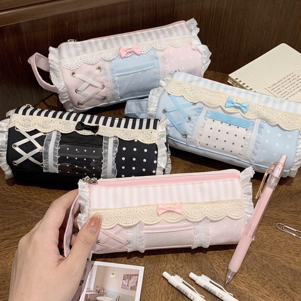 Large Capacity Lace Pencil Case Bow Makeup Bag Polka Dot Pencil Storage Bag Award Gifts