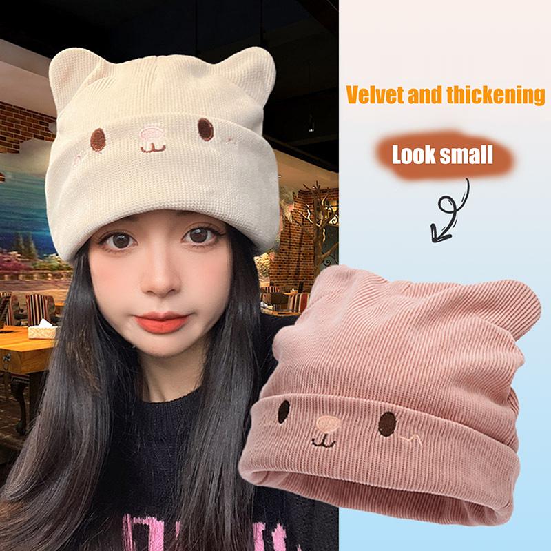 Cute Cat Embroidered Knitted Hat Outdoor Warm Ear Protection Cat Ears Wool Cap Over Head Cold Cap Street Beanies Cap Penny Cap