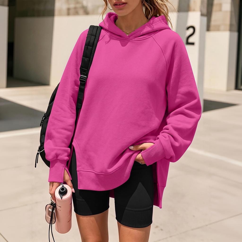 Women's Casual Long Sleeve Hooded Sweatshirt Color Side Slit Pullover Top