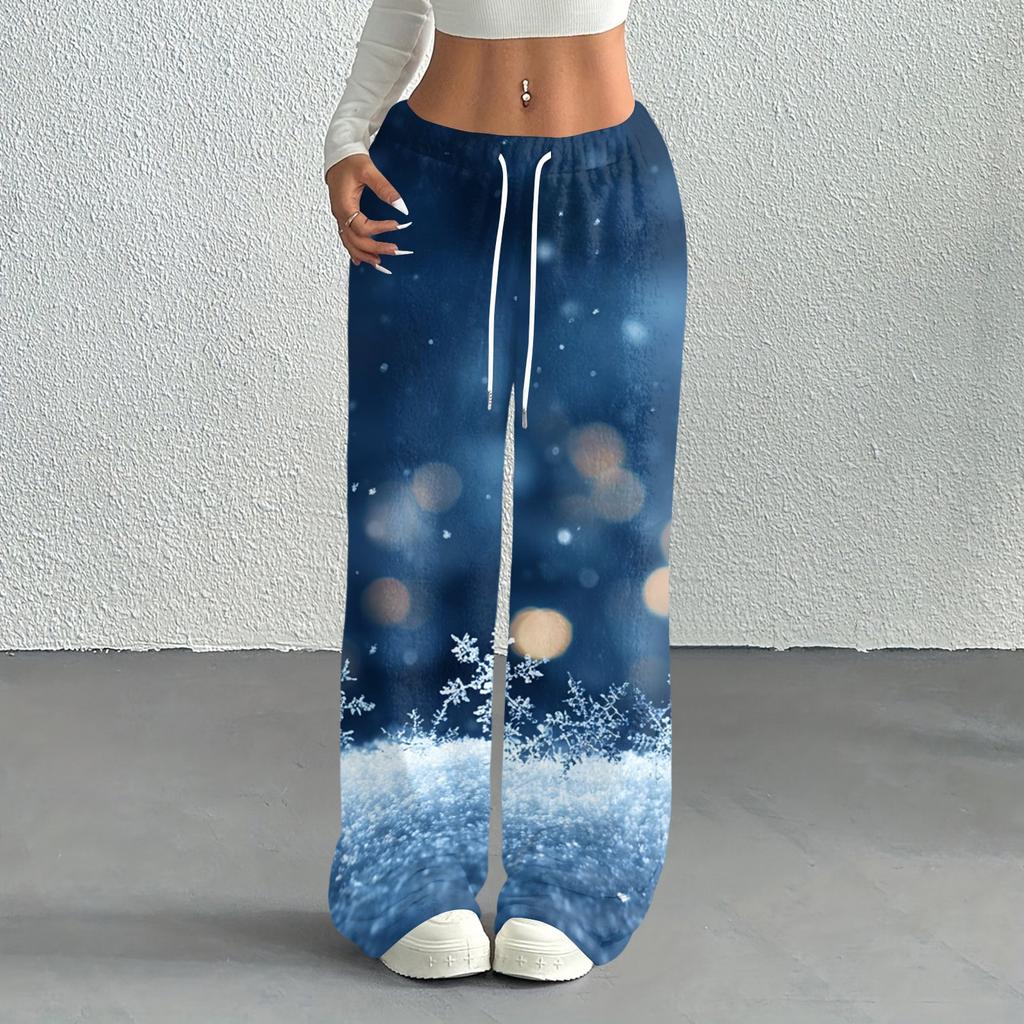 Women's Casual Christmas Print -Lined Loose Fit Straight Leg Pants with and Elastic Waist for Winter