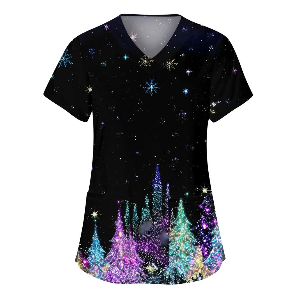 Women's Fashion V-neck Short Sleeve Workwear With Pockets Christmas Printed Tops