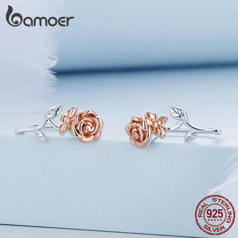 

BAMOER, серьги-гвоздики из стерлингового серебра 925 пробы с 3D розами, ювелирные изделия, подарок на свадьбу, цветок, серьги-гвоздики 925 silver