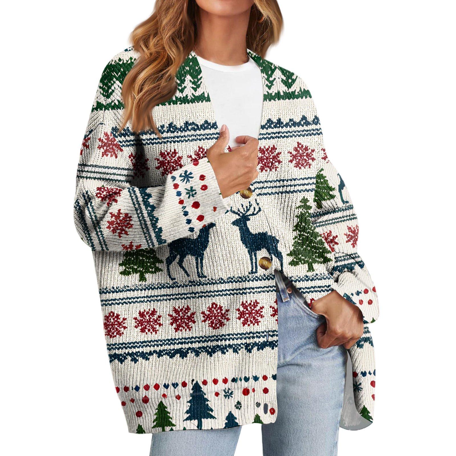 

Женский модный кардиган с длинным рукавом, V-образным вырезом, на пуговицах, свободного кроя, с рождественским принтом XXL белый