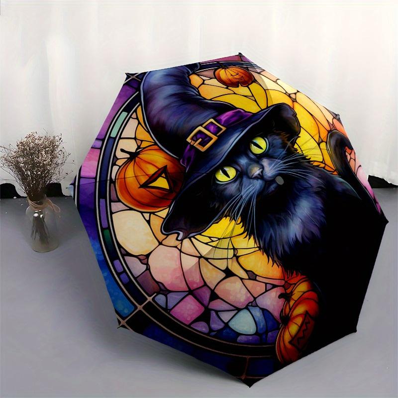 Halloween Witch Cat Stained Window DecalUmbrella, Portable 3-Fold Compact Umbrella,Christmas Gift ES461