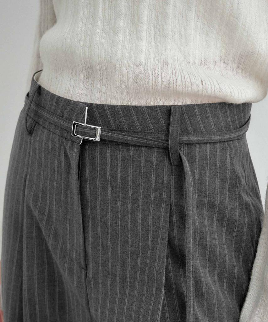 MONGDOL [Belt Set] Striped One-Pleat Wide Slacks Gray Mdpt025Stgray