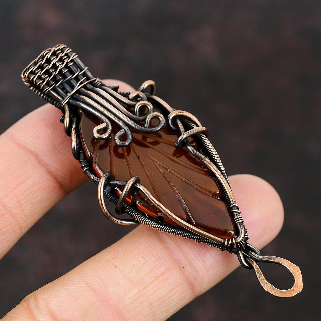 Geschnitztes Blatt Karneol Anhänger Edelstein Kupferschmuck Kupferdraht gewickelter Anhänger Handgefertigter Designeranhänger Hochzeitsgeschenk Karneol Schmuck