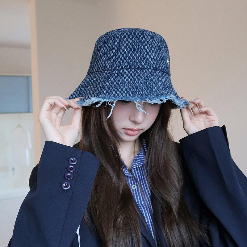 25 early autumn new big eaves lattice rough edge high quality bucket hat sunshade sunscreen washbasin hat