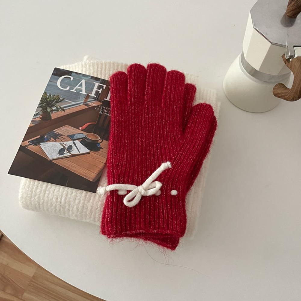 Warm Bow Drawstring Hat Korean Style Winter Gloves Cartoon Wool Bowknot Scarf  Ski