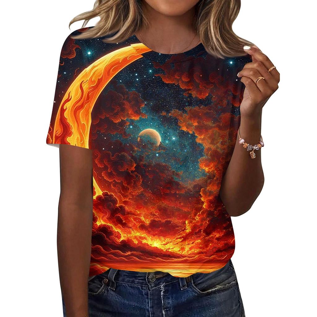 Women's Fashionable Casual Short Sleeve Print Round Neck Pullover Top
