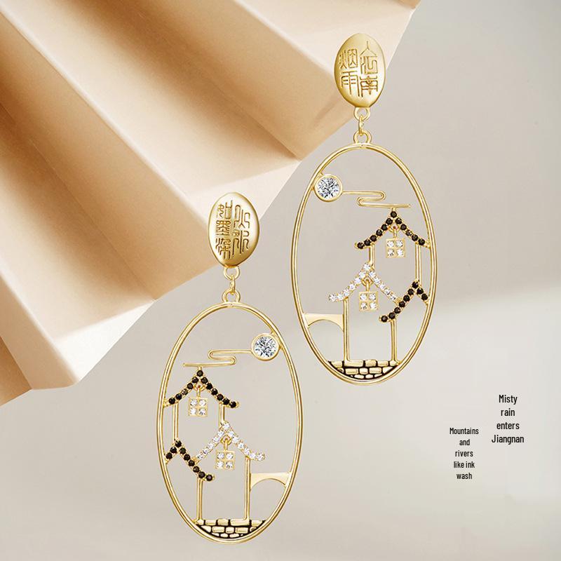 Retro Ruyi Tassel Fan-shaped Stud Earrings - Chinese Style