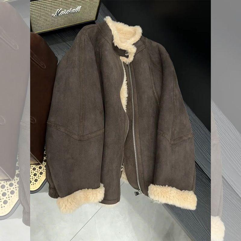 Autumn Velvet Maillard Thickened Lamb Wool Coat Women's Winter Fashion New Jacket Smoke Gray Other