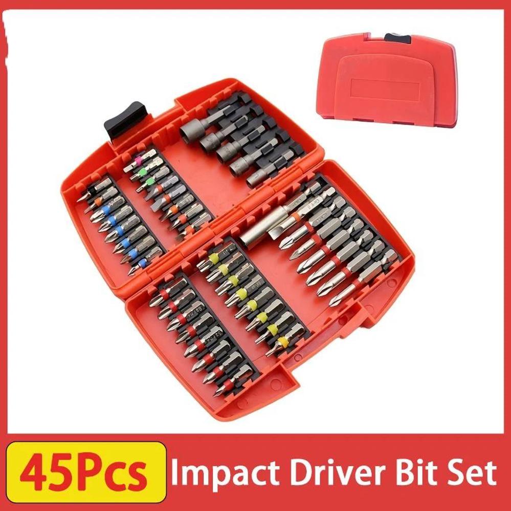 45pcs Impact Driver Bit Set S2 Steel Alloy Magnetic Nut Driver Slotted Phillips Torx For Metal Wood Plastic Tile Drywall