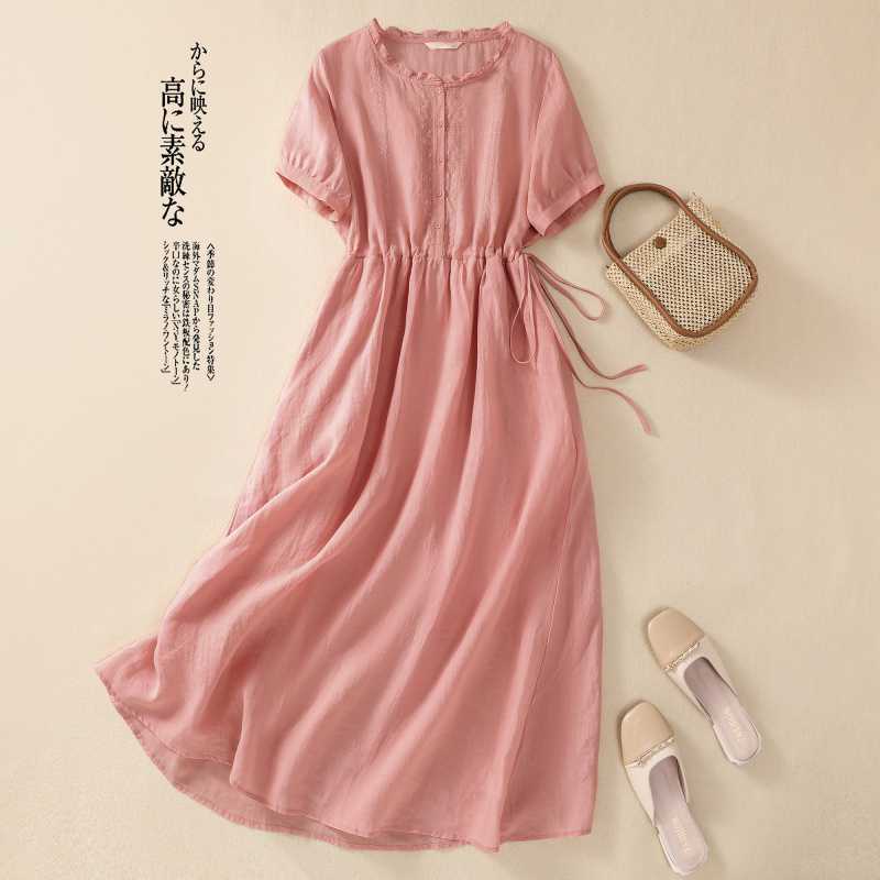 women s Linen Cotton Blend Short Sleeve Midi Dress with Drawstring Waist and Ruffled Neckline M розовый