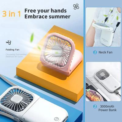 3000mAh Mini Portable Fan USB Rechargeable Cooler Collapsible Handheld Desktop Fan Quiet Foldable Office Home Handy Power Bank
