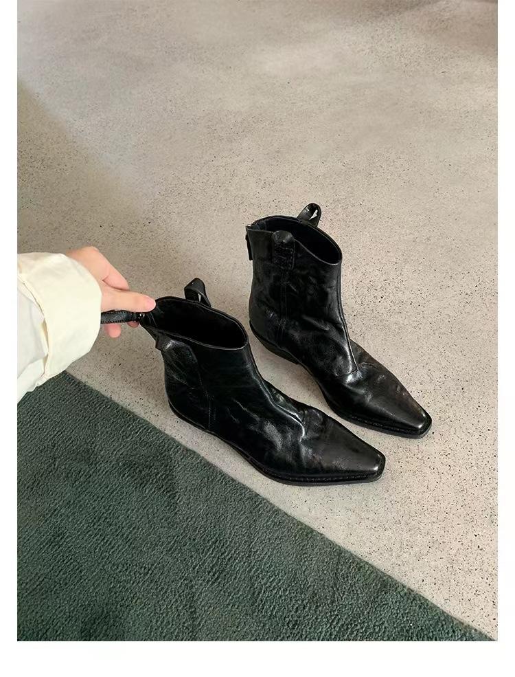 

Short boots for women autumn fashion pointed V-neck retro denim leather thick heel western women s boots 40