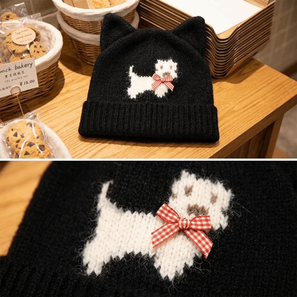 Warm Lining Cat Ear Beanie 56-58cm Puppy Pattern Earflap Hat Fleece Lined Knitted Hat For Students