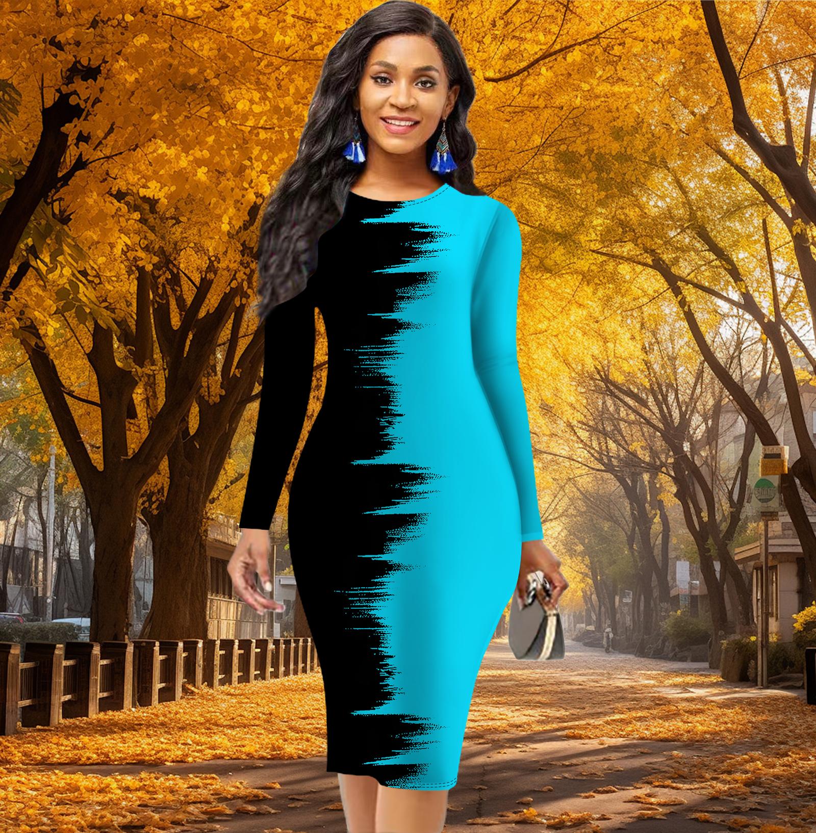 

Длинный рукав, облегающее, офисное, облегающее, двухцветное, с принтом, элегантное, облегающее платье XL светло-синий