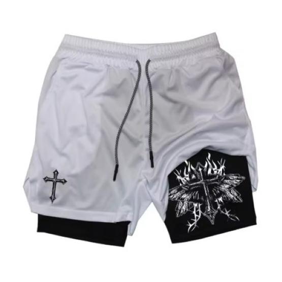 Muay Thai Kick Boxing MMA Shorts Cross Christian God Men Women Unisex Double Layer Quick Dry Breathable Sport Gym Fitness Workout