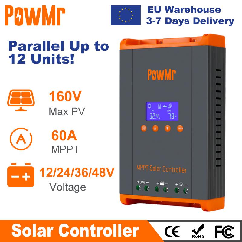 PowMr MPPT 60A Solar Charge Controller Solar Panels Regulator 12V 24V 36V 48V Parallel Up 12 Units For Lead Acid Lithium Battery 12V 24V 36V 48V Auto