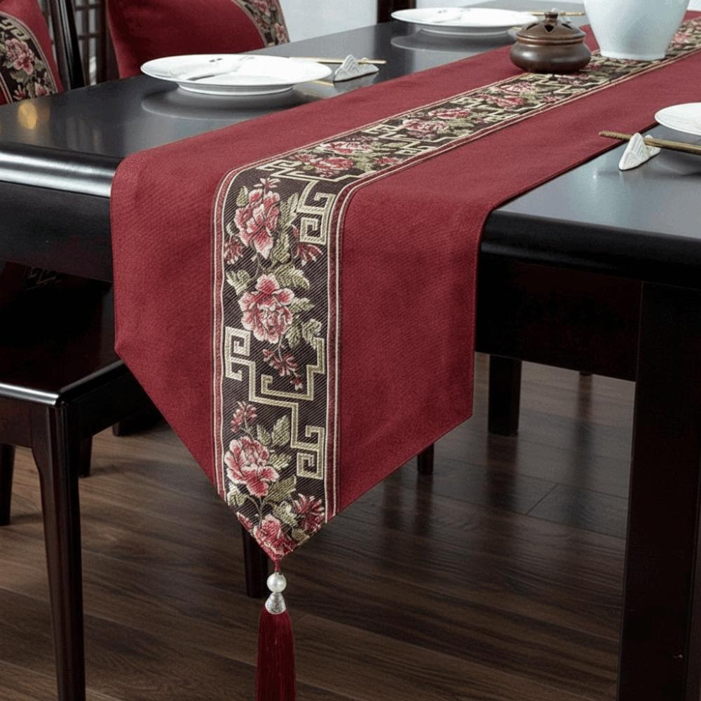 

Chinese Style Floral Table Runner Washable Tea Table Cloth Embroidery Bed Flag Hotel Decoration 33 x 120cm червоний