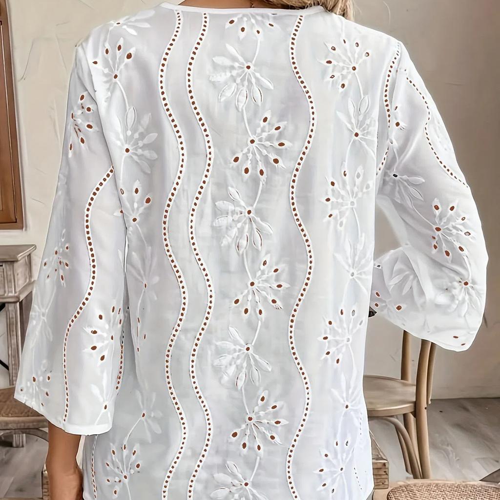 Women's Eyelet Embroidery 3/4 Sleeve Summer Notched Neck Boho Blouse Top