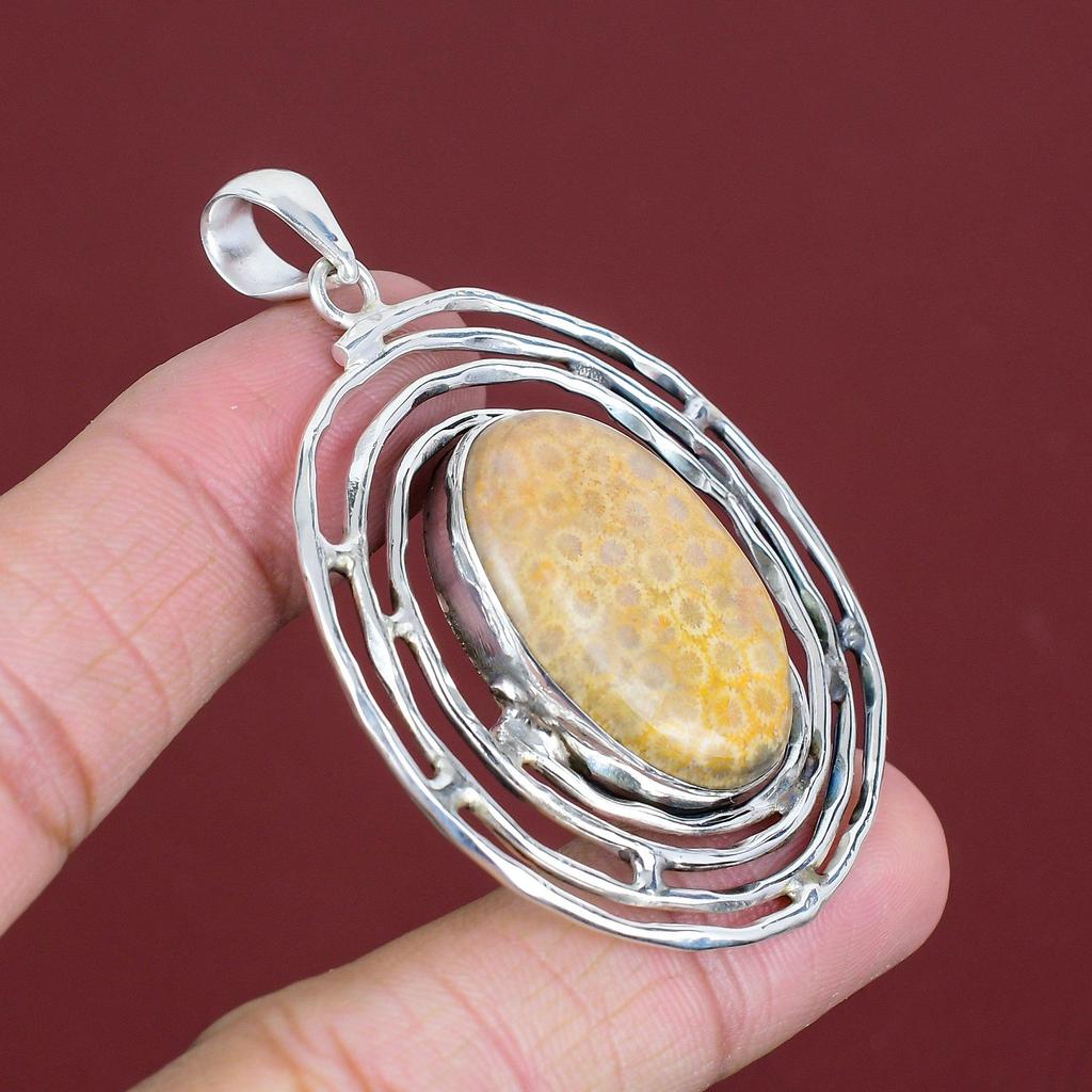 Fossil Coral Pendant Original Gemstone Pendant 925 Sterling Silver Pendant Fossil Coral Jewelry Handmade Birthstone Pendant Gifts For Mother