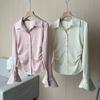 Satin Waist Folded Shirt for Female Women's Slim Fit Short Flared Sleeved Blouses Solid Color Single Breaste Lady's Tops