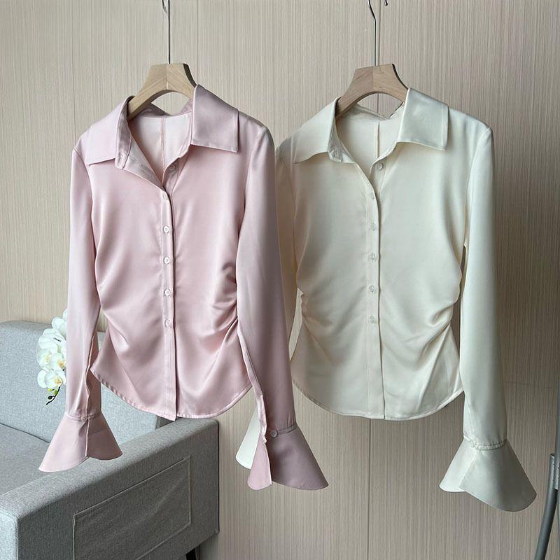 Satin Waist Folded Shirt for Female Women's Slim Fit Short Flared Sleeved Blouses Solid Color Single Breaste Lady's Tops