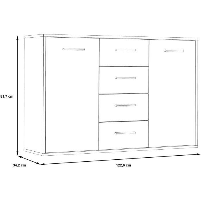 Buffet PILVI - Style contemporain - Particules mélaminé - Décor Chêne et noir - 2 portes + 4 tiroirs - L 122,6 x P 34,2 x H 81,7 cm