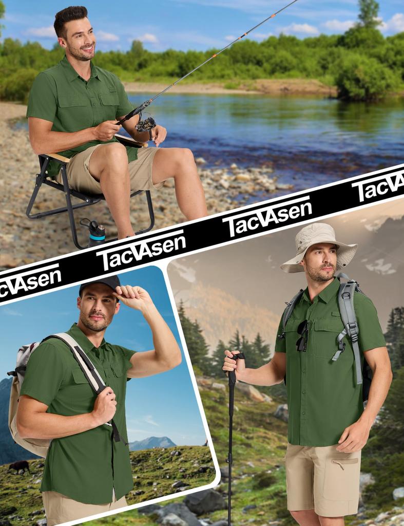 TACVASEN Military Summer Short OD XL Men's Shirt, Workwear, Sleeve, Breathable, Quick-Drying, UPF50+, Pocket, Water-Repellent, Wrinkle-Resistant,