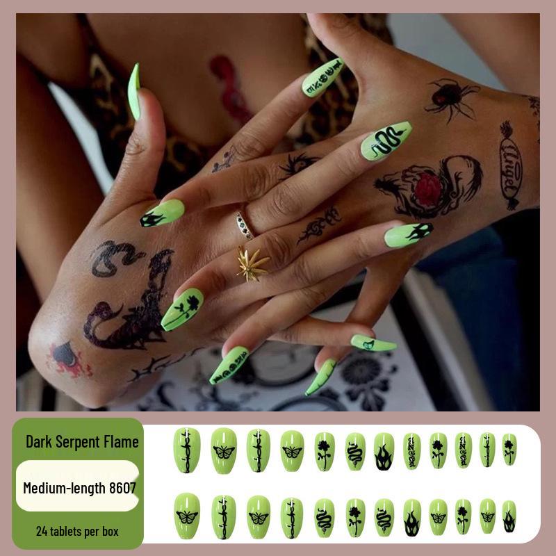 

Medium-Long Ballerina Nails - Green Dark Snake Flame Design Glue
