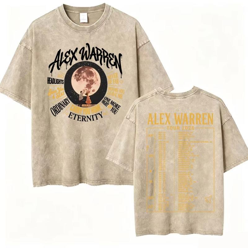 Alex Warren Moon Kunstwerk Musiktour 2026 Vintage Washed T-Shirt Herren Damen Mode Punk Hip Hop T-Shirts Sommer Oberteile Lockeres T-Shirt