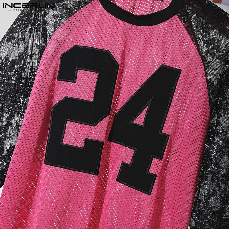INCERUN Men Lace Patchwork Short Sleeve Letter Print Hollow Out Casual T-shirts Tops
