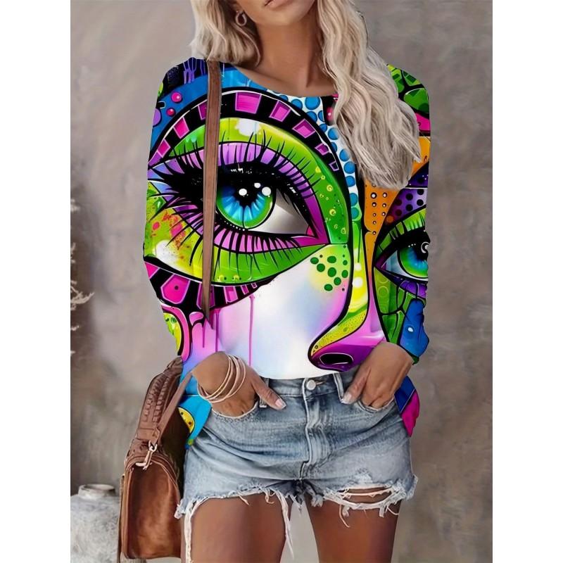 Abstract Tie-Dye 3D Digital Print Loose Fit Womens Crew Neck Long Sleeve T-Shirt Casual Comfort Top