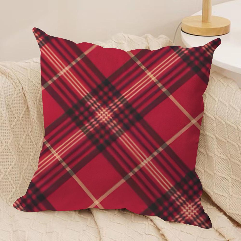 Red Plaid Cushion Cover Soft Plush Fabric Double-Sided Printed Sofa Cushion Cover for All Seasons Home Decor Gift