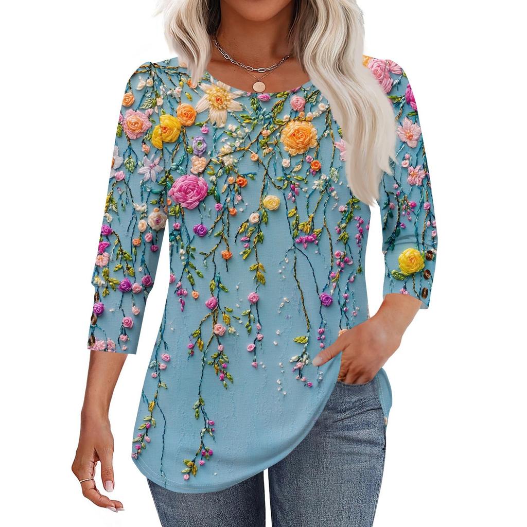 Women's Fashion Casual Floral Print Round Neck T-shirt Top With Seven Cuff Sleeves