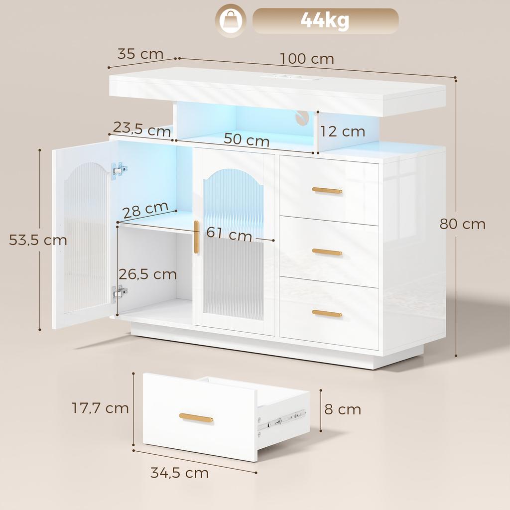 Sideboard with LED Lighting, Built-In Power Outlets, 3 Drawers, Shelves and 2 Acrylic Doors, Glossy White