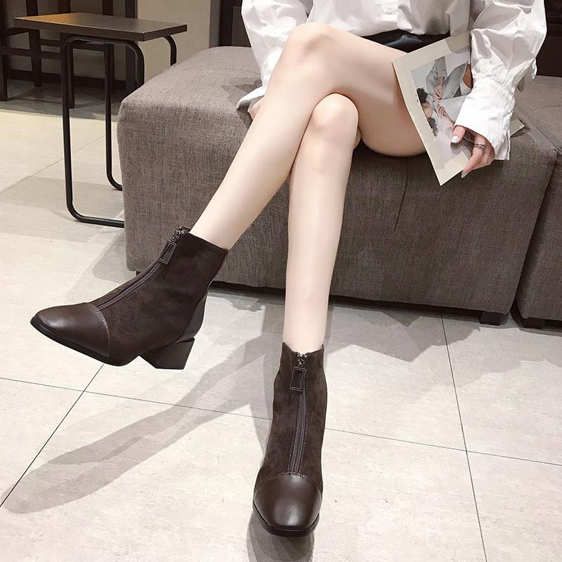 Women's Fashion Mid Boots Fashionable Boots with Front Zipper Thick Heel Suede Midsole Boots Leather Shoes Women's Shoes 35-40