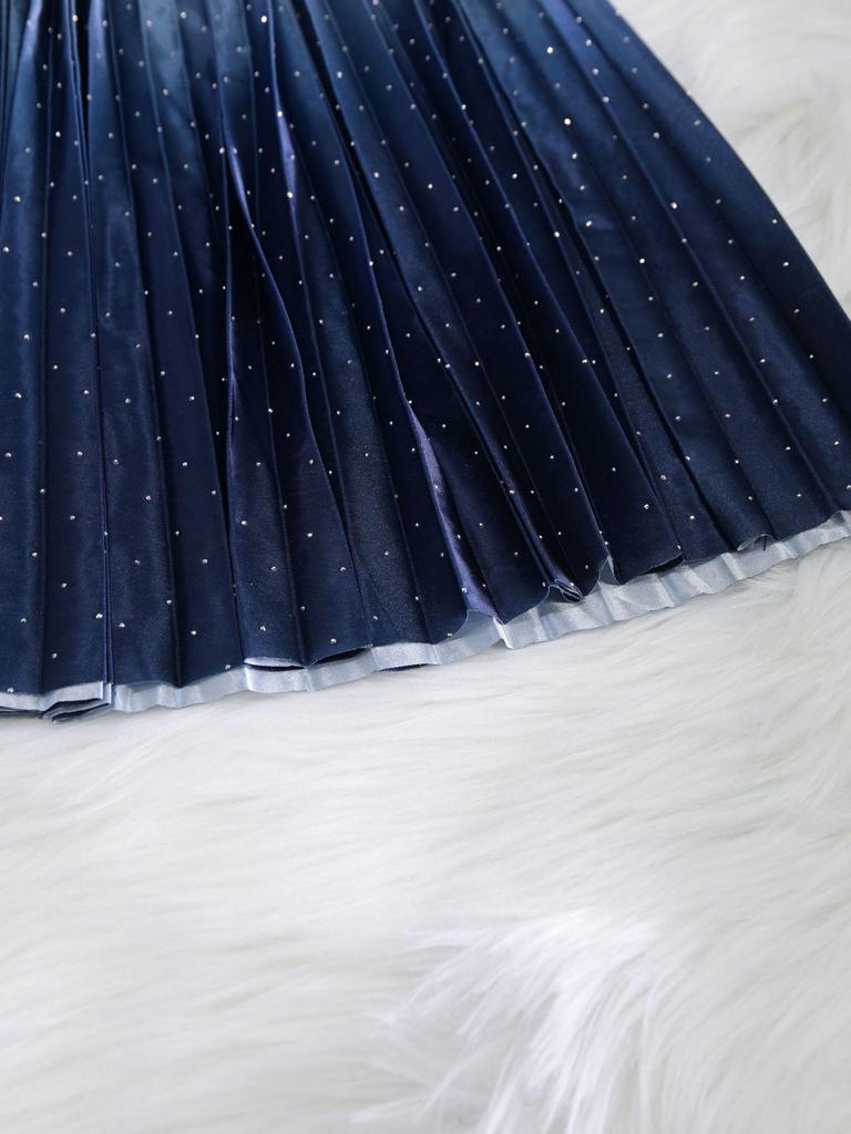 Women's Spring/Summer Elegant Pleated Skirt with Rhinestone Gradient Design