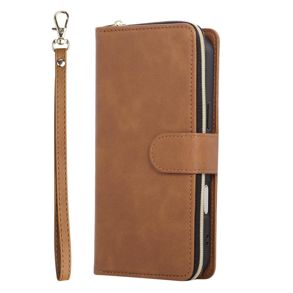 For iPhone 17 Pro Max Case Zipper Pocket 9 Card Slots PU Leather Phone Cover with Hand Strap